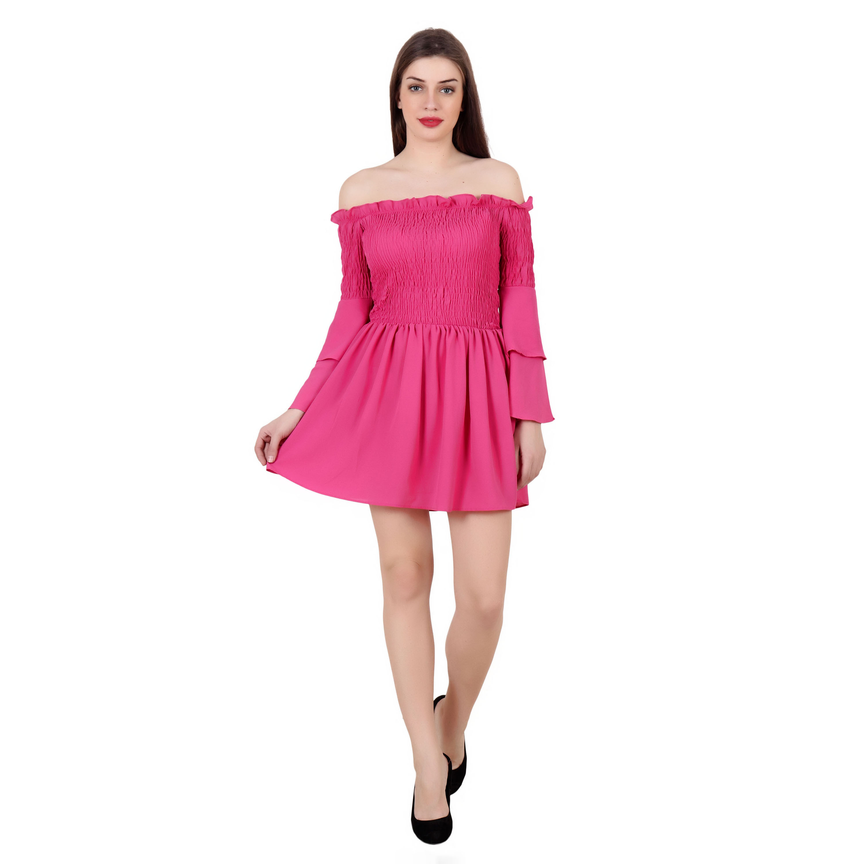 PINK OFF SHOULDER BELL SLEEVE FLARED MIDI